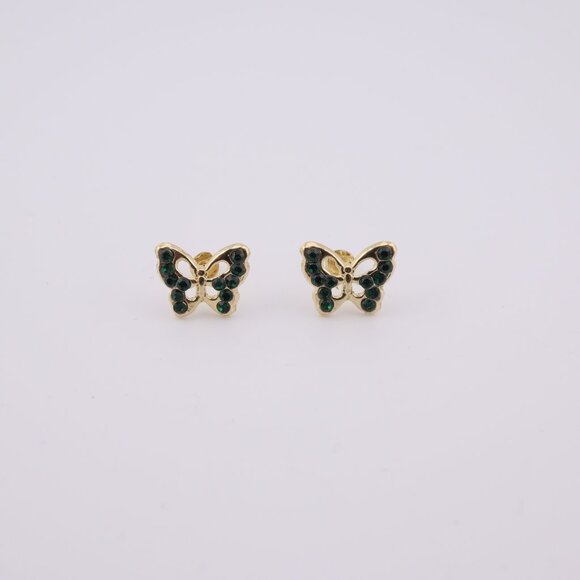 Women's 14k‎ Gold Green CZ Butterfly Mini Stud Earrings Secure Screw Backing ** - Picture 1 of 11